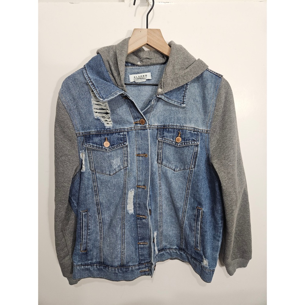 Ci Sono Womens Distressed Denim Jacket Grey Hooded Mixed Media Med Wash Large